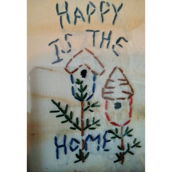 Happy Is The Home Embroidered Wall Art Black Wooden Frame Handcrafted - Picture 4 of 5